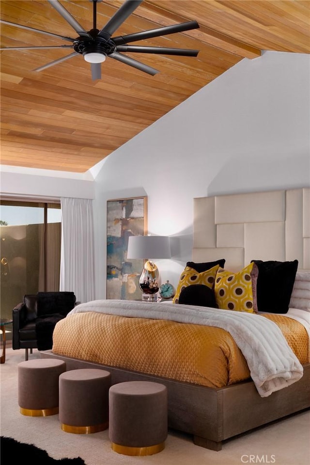 carpeted bedroom with ceiling fan, wooden ceiling, and vaulted ceiling