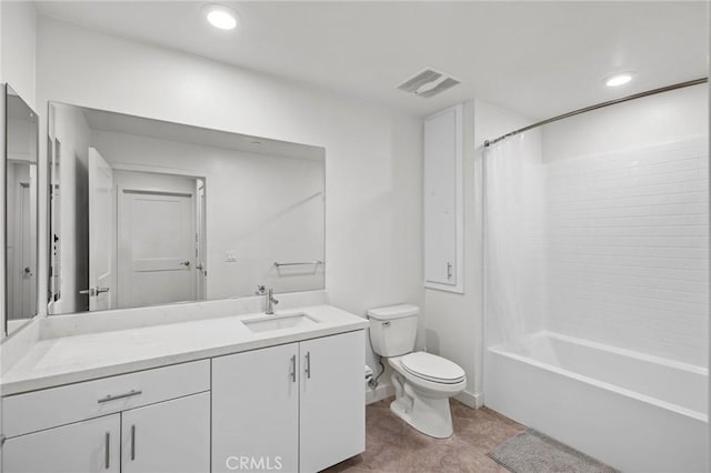 full bathroom with shower / bathtub combination with curtain, vanity, and toilet