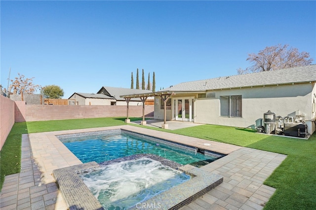 view of pool featuring a lawn, a patio area, an in ground hot tub, and french doors