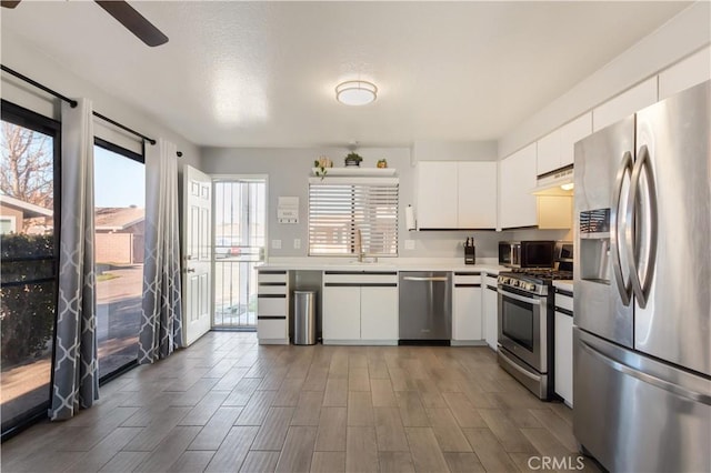 kitchen featuring ceiling fan, sink, stainless steel appliances, and white cabinetry