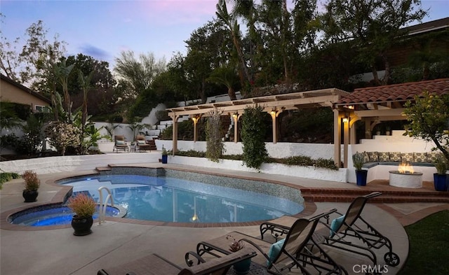 pool at dusk featuring a pergola, a patio, and an outdoor fire pit