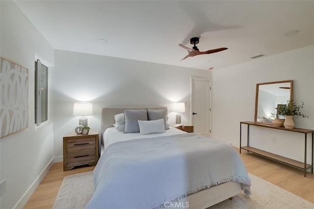 bedroom featuring ceiling fan and light hardwood / wood-style flooring