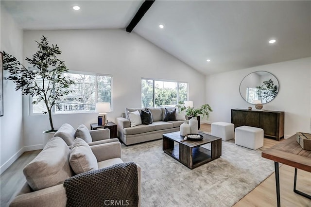 living room with beam ceiling, recessed lighting, light wood-style floors, high vaulted ceiling, and baseboards