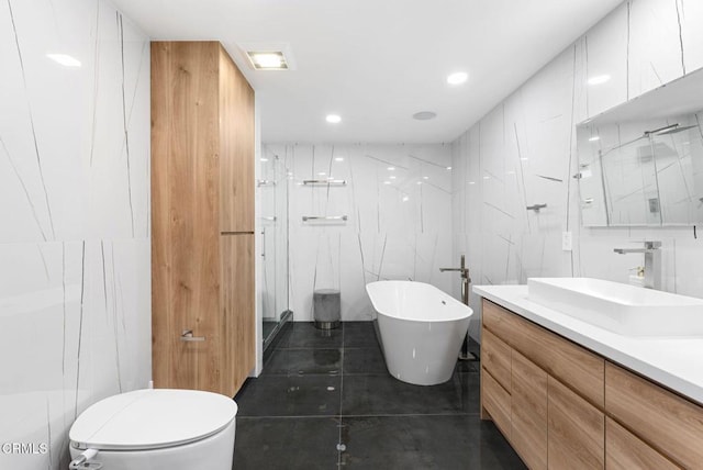 full bathroom with vanity, independent shower and bath, and tile walls