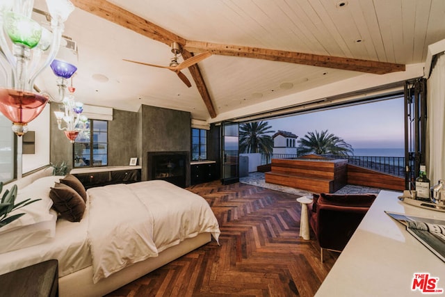 bedroom featuring beamed ceiling, a water view, and dark parquet flooring