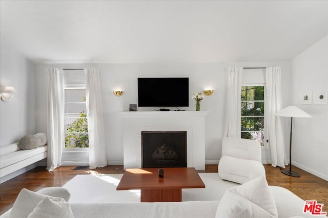 living room with dark wood-type flooring