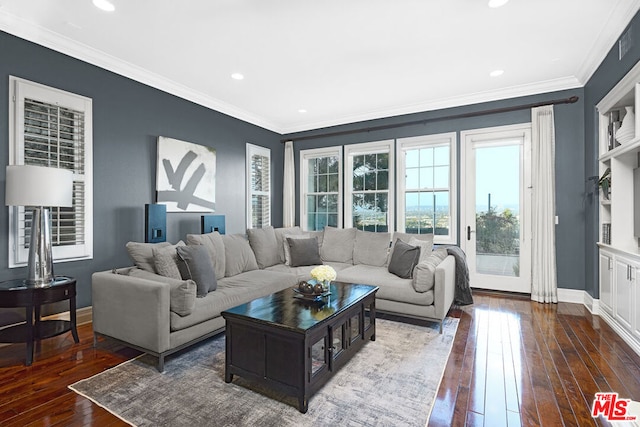 living room with dark hardwood / wood-style floors and crown molding