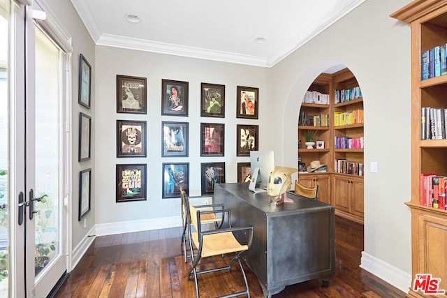 home office with french doors, dark hardwood / wood-style floors, and ornamental molding