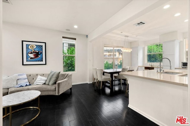 living room featuring a healthy amount of sunlight, sink, and dark wood-type flooring