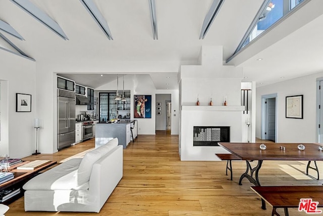 living room featuring light hardwood / wood-style floors and a multi sided fireplace