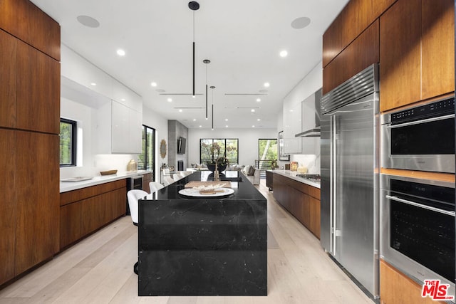 kitchen with appliances with stainless steel finishes, decorative light fixtures, a wealth of natural light, and a large island