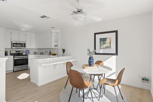 kitchen with kitchen peninsula, tile counters, stainless steel appliances, tasteful backsplash, and white cabinetry