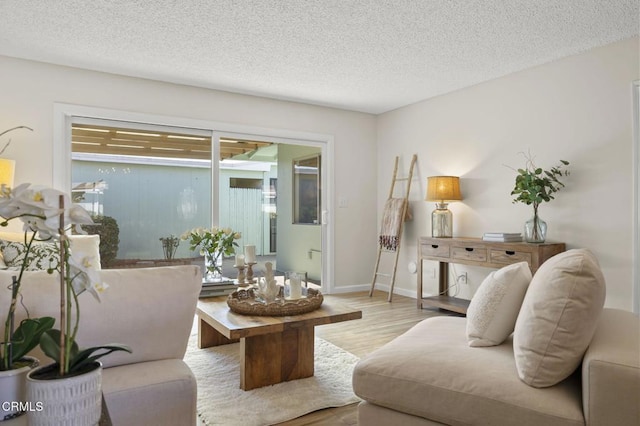 living room with a textured ceiling and light wood-type flooring