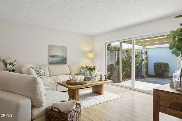 living room with light wood-type flooring and a textured ceiling