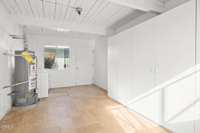 basement with washer / clothes dryer, water heater, and wooden ceiling