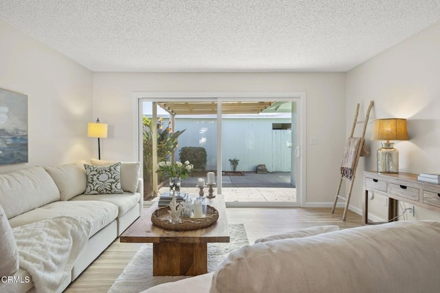 living room featuring light hardwood / wood-style flooring and a textured ceiling