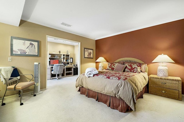 carpeted bedroom with ornamental molding