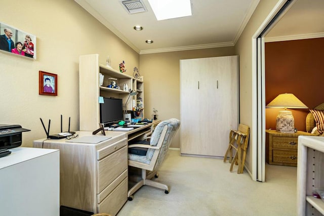 carpeted office featuring ornamental molding