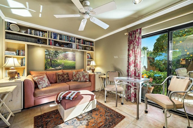 interior space featuring ceiling fan, light tile patterned floors, and ornamental molding