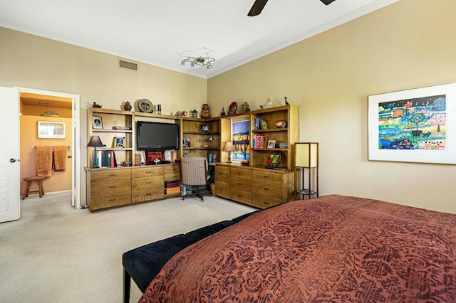 bedroom featuring ceiling fan, light carpet, and ornamental molding