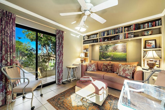 living room with ceiling fan, crown molding, and light tile patterned flooring