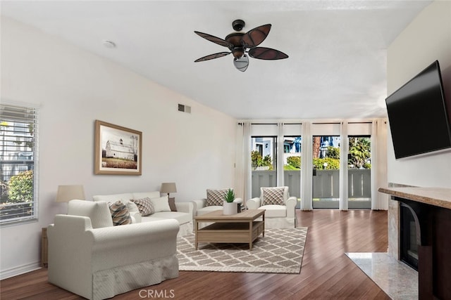 29121 Thousand Oaks Blvd Unit C, Agoura Hills, CA 91301 - living room featuring a ceiling fan, wood finished floors, and vaulted ceiling