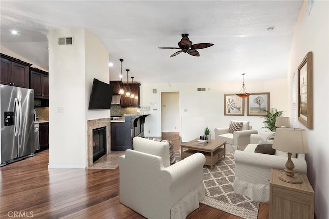 29121 Thousand Oaks Blvd Unit C, Agoura Hills, CA 91301 - living area with wood finished floors, a ceiling fan, a fireplace, and lofted ceiling