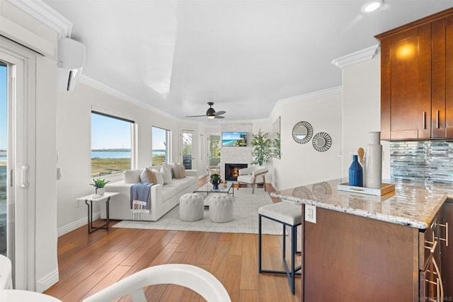 living room with light wood-type flooring, ornamental molding, ceiling fan, a water view, and a stone fireplace