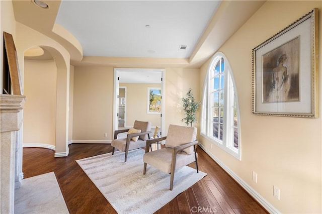 sitting room featuring a raised ceiling and dark wood-type flooring