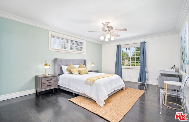 bedroom featuring ornamental molding, dark wood-type flooring, and ceiling fan