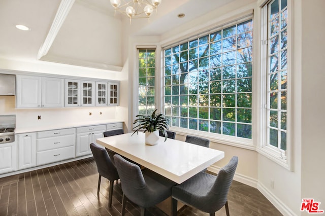 dining area with a raised ceiling, an inviting chandelier, and dark hardwood / wood-style floors