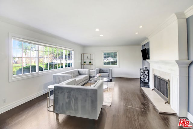 living room with dark hardwood / wood-style flooring, crown molding, and plenty of natural light