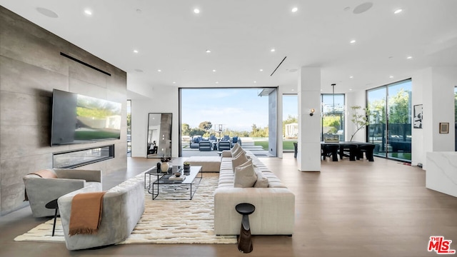 living room featuring floor to ceiling windows, light hardwood / wood-style floors, and a healthy amount of sunlight