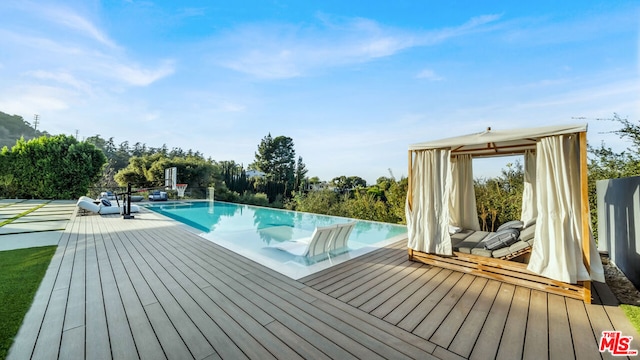 view of swimming pool with a wooden deck