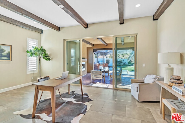 home office with beam ceiling