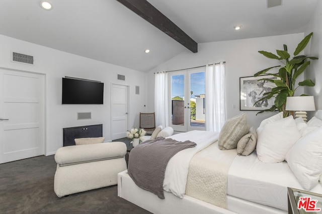 bedroom featuring dark colored carpet, french doors, vaulted ceiling with beams, and access to outside