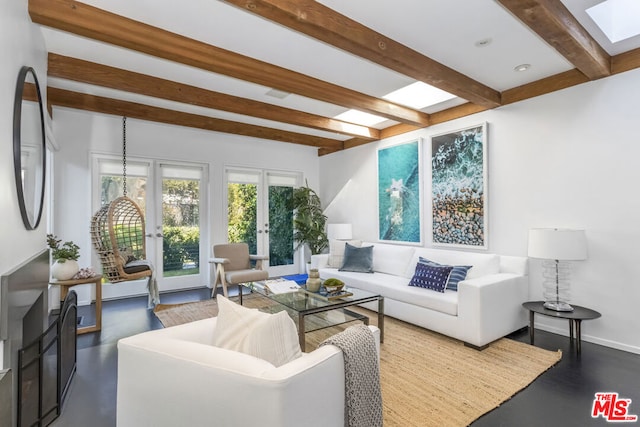 living room with beam ceiling, dark wood-type flooring, and french doors