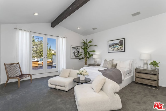 carpeted bedroom with vaulted ceiling with beams and french doors