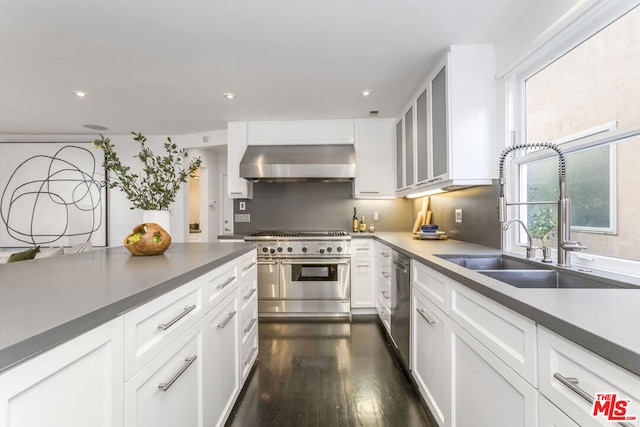 kitchen with white cabinets, appliances with stainless steel finishes, wall chimney exhaust hood, and sink