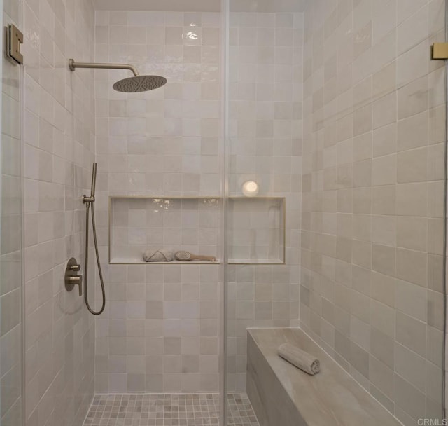 bathroom featuring a shower with shower door