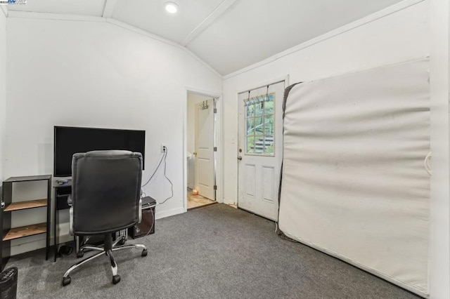 office featuring crown molding, dark carpet, and lofted ceiling