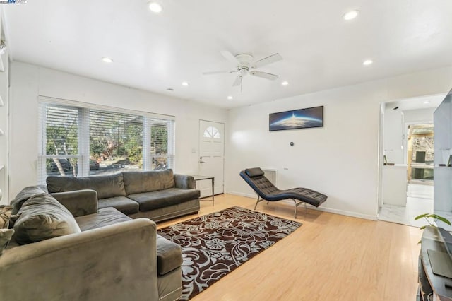 living room with ceiling fan and light hardwood / wood-style flooring