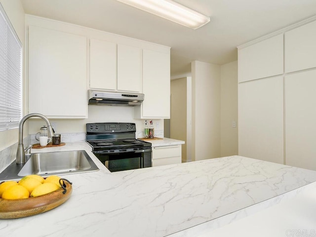 kitchen with white cabinetry, black range with electric stovetop, and sink