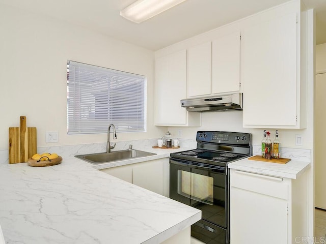 kitchen featuring white cabinetry, black / electric stove, and sink