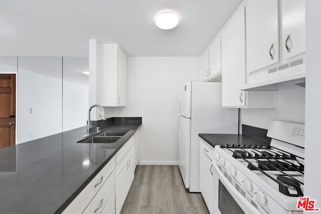 kitchen featuring light hardwood / wood-style floors, white cabinetry, white range with gas cooktop, and sink