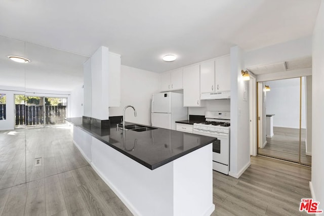 kitchen featuring kitchen peninsula, white appliances, white cabinets, and sink