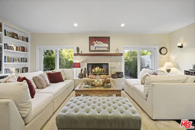 living room with built in shelves and a premium fireplace