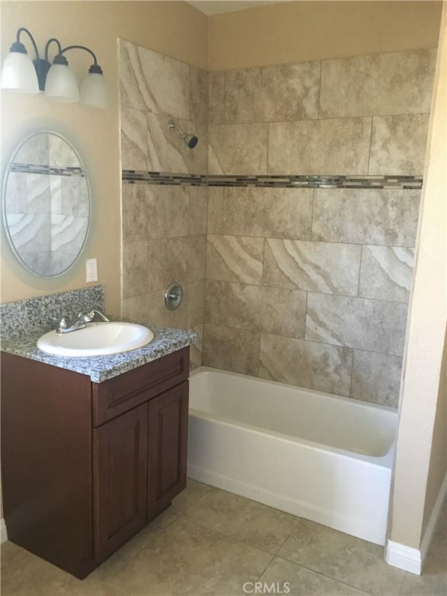 bathroom featuring tiled shower / bath combo, tile patterned floors, and vanity