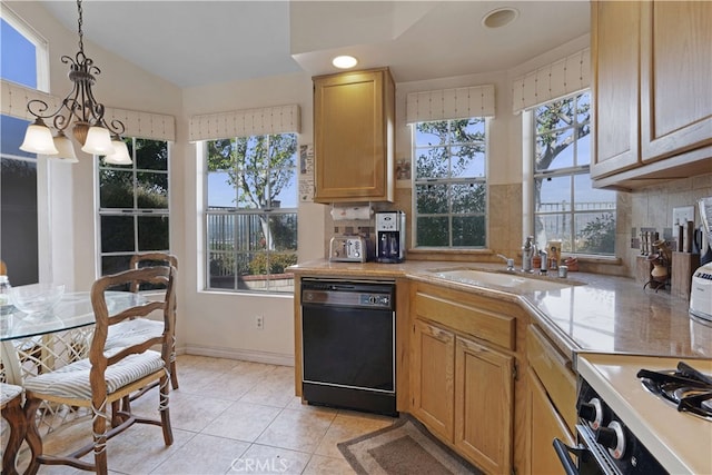 kitchen featuring black dishwasher, hanging light fixtures, a chandelier, range, and sink