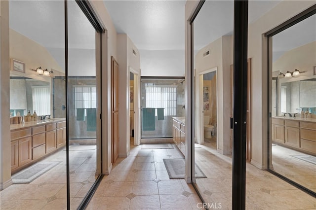 bathroom featuring toilet, a shower, lofted ceiling, and vanity